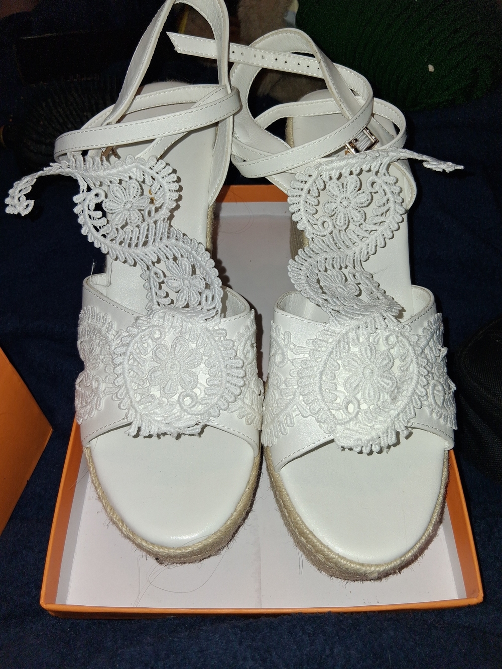 Women's White Lace Espadrille Wedge Sandals with Ankle Strap